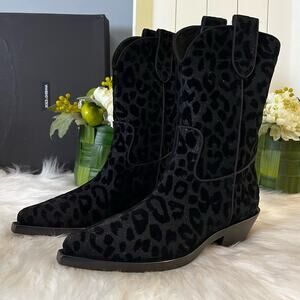 NEW Dolce & Gabbana Midi Cowboy Gaucho Leopard Short Western B… Black Metalli…